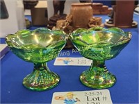 PAIR OF IRIDESCENT GREEN FENTON CANDLE HOLDERS