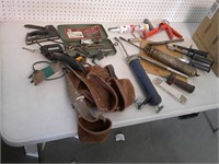 toolbelt, grease guns, misc tools