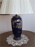 HAND PAINTED AISIAN LAMP BLUE WITH GOLD DRAGON