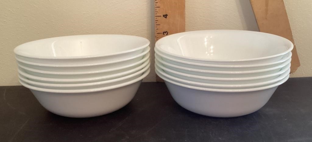 12 white Corelle bowls