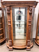 Wooden Bowed Curio Cabinet, Lion Decoration