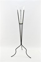 Glass Floral Relief Vase on Wrought Iron Stand