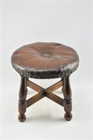 Antique English Footstool w/ Nailhead Leather Top