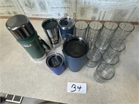 Cups, Stanley thermos, glass cups