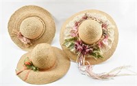 3 Vintage Woven Sun Hats w/ Floral Embellishments