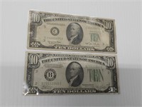 (2) $10.00 dollar bills Green Backs