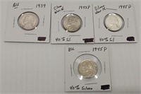 (3) war nickels and (1) 1939 nickel