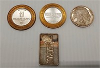 fine silver bar, round, (2) silver gaming tokens