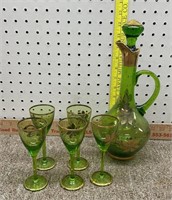 Italian Green glass decanter and stemware