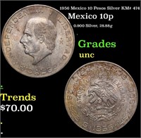 1956 Mexico 10 Pesos Silver KM# 474 Grades Brillia