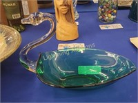 GREEN AND CLEAR HAND BLOWN SWAN DISH