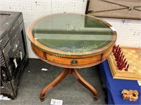 VINTAGE GREEN LEATHER ROUND TABLE WITH GLASS TOP