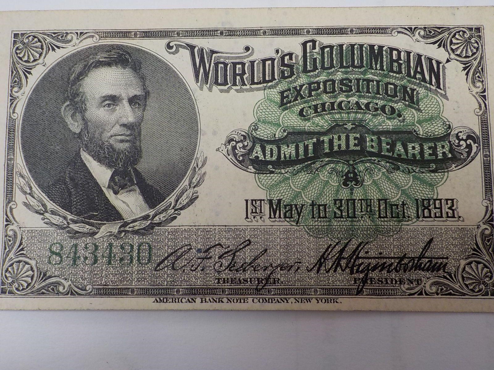 1893 Columbian Exposition Ticket. Worlds Fair.