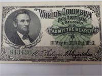 1893 Columbian Exposition Ticket. Worlds Fair.