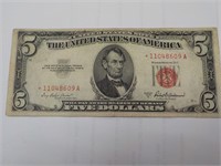 1953 A Red $ 5.00 Note US. Currency. REAL.