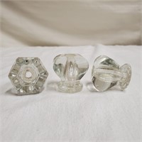 3 Vintage Clear Hexagon Glass Knobs