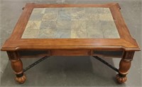 Large Heavy Wooden Coffee Table W/ Slate Top