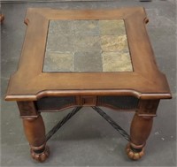 Heavy Wooden End Table W/ Slate Top