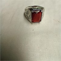 Silver Toned Ring w/ Faceted Red Center Stone