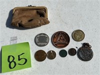 Change purse, coins, medalions