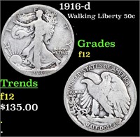 1916-d Walking Liberty Half Dollar 50c Grades f, f