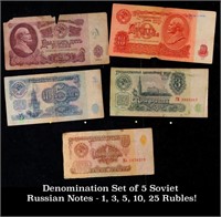 Denomination Set of 5 Soviet Russian Notes - 1, 3,