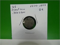 1854 - 1858 U. S.  3 Cent Coin .750 Silver