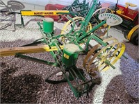 restored John Deere 2 row pull behind planter.