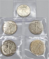 (5) 1945 Walking Liberty 90% Silver Half Dollars