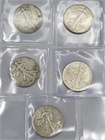 (5) 1942 Walking Liberty 90% Silver Half Dollars