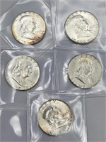 (5) 1963 Franklin 90% Silver Half Dollars