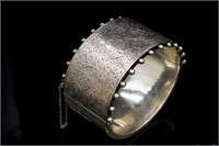 Victorian silver hinged bangle (scroll & bead)