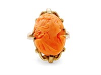 Art Nouveau pink coral & 10ct yellow gold ring