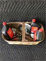 Basket Full of Tools and 3 Bottles of Motor Oil