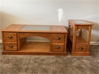 Oak glass top coffee table with side table