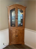 Oak glass front furnlite corner display cabinet