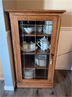 Walnut leaded, glass, front storage cabinet -