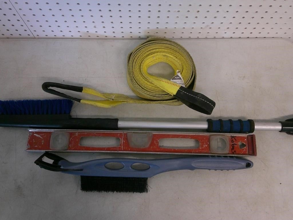 tow strap, level, brushes