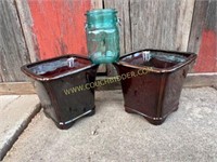 Pair of glazed brown Hosley Potteries planters