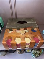 Old wood poker chips and caddy with topper