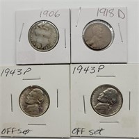 1918 D WHEAT PENNY, 1906 V NICKEL, 2- 1943 P