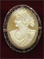 Carved Shell Cameo Brooch Set in Silver Filigree