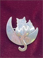 Sterling Silver Cat in Moon Pin / Brooch Signed
