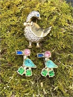 Vintage Duck Pins / Brooches w/ Rhinestones