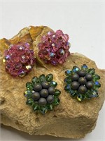 2 Pair Vintage Aurora Borealis Bead Earrings Clip