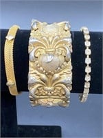 3 Gold Tone Vintage Bracelets, Embossed Cuff,