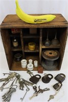 Old Wooden Box Assort'd Locks, Keys, Oil Cans+