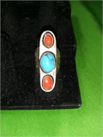 Old Pawn Native American Turquoise Coral Ring Sz 5