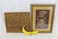 2 Pcs. Batik Cloth Art, Carved Wooden Relief