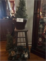 2 Small Fake Christmas Trees/Wreath & Stool-damage